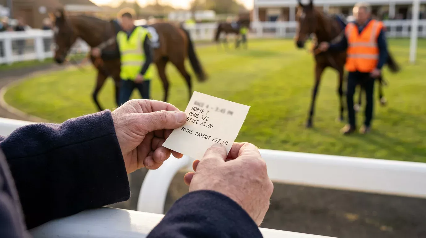Punter holding a printed each-way betting slip at a British racecourse with horses warming up in the parade ring behind