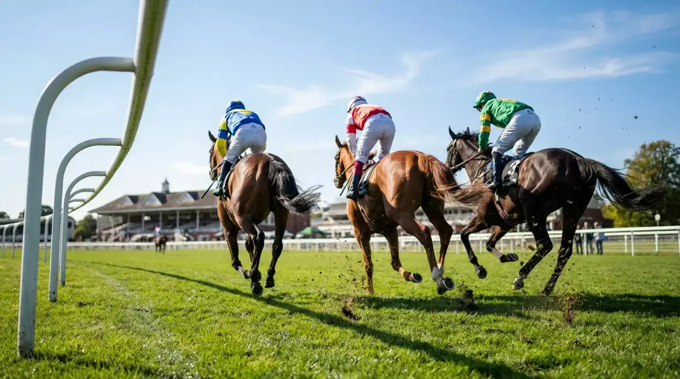 Racehorses rounding the final turn at a British racecourse on a summer afternoon