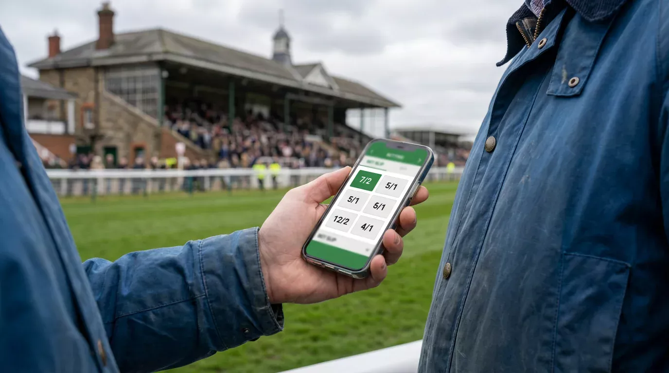 Person using a smartphone to place an each-way bet on horse racing while standing near a racecourse grandstand