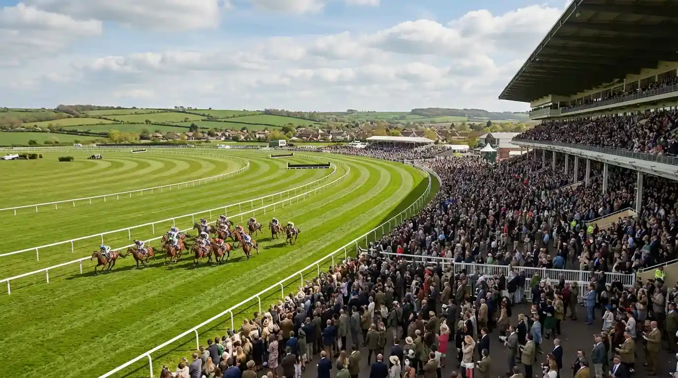 Aerial view of a packed British racecourse grandstand on a major festival day with the green turf track curving into the distance